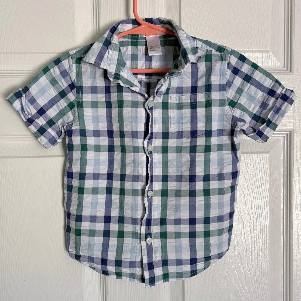 Janie and Jack 2pc Bundle Size 3 Blue Green Plaid Shirt Black Floral Shorts